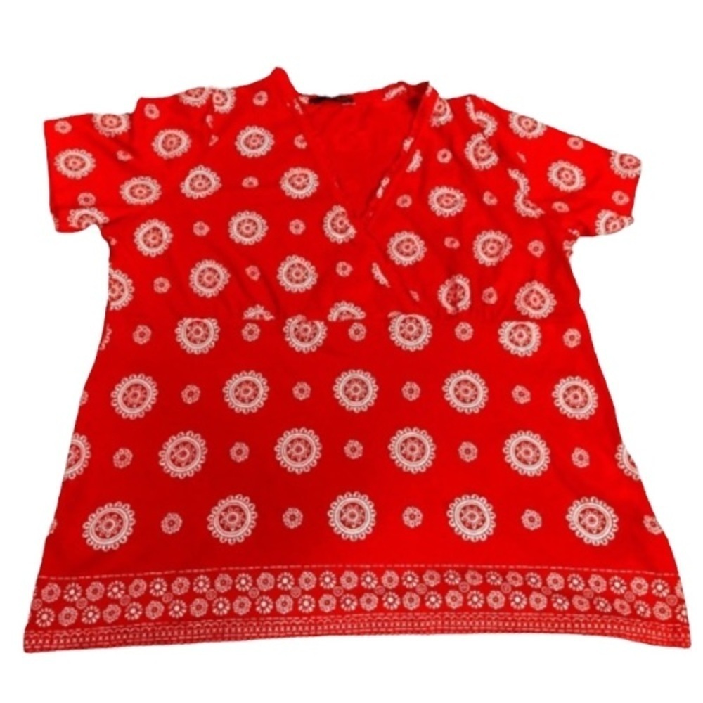 Pennington’s plus size red wrap top with bandana paisley print
